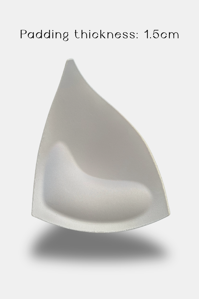 A teardrop-shaped white or very light gray padded insert or cup-shaped cushion shown on a plain light background, with text at the top reading 'Padding thickness: 1.5cm'.