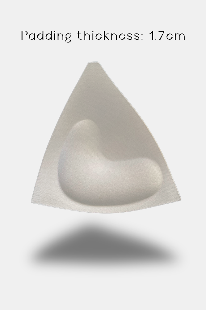 A triangular white silicone breast pad with a molded cup-shaped insert, shown on a light gray background with the text 'Padding thickness: 1.7cm' at the top.